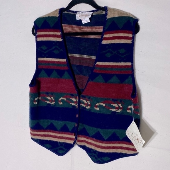 Vintage VIPetites Jacquard Southwestern Print Button Up Knit Vest L - Picture 1 of 9